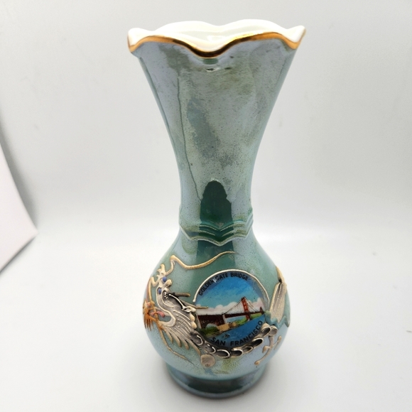 Other - VTG Dragon Ware Green Lusterware Porcelain Souvenir Bud Vase GOLDEN GATE BRIDGE
